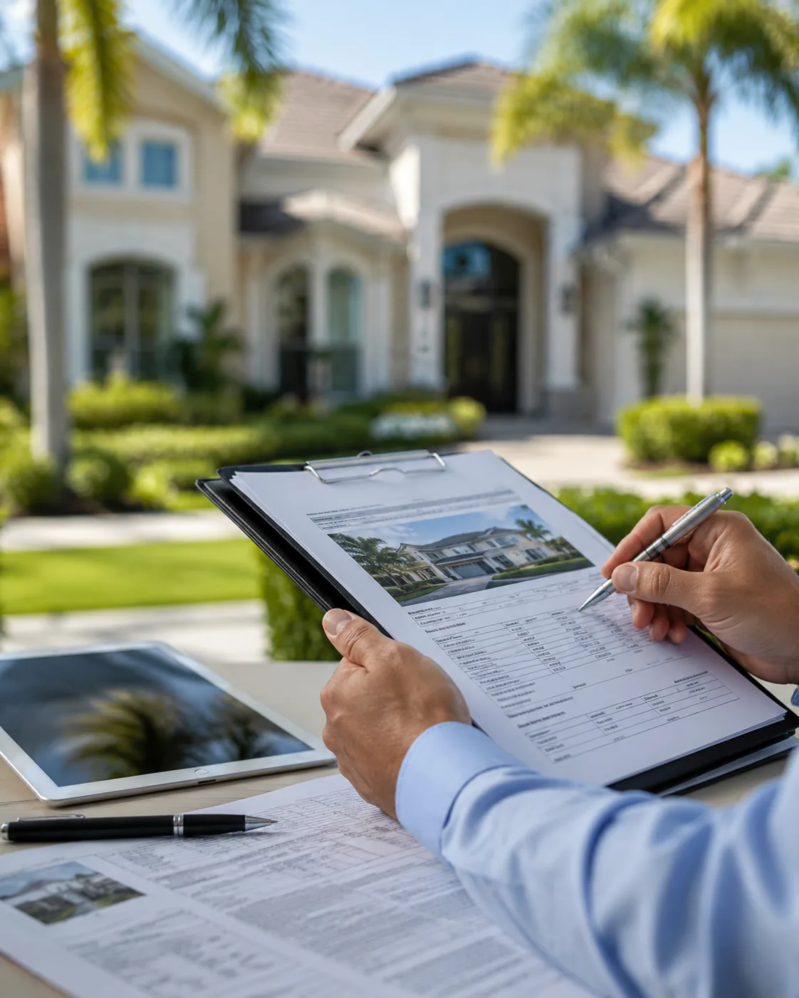 Hands of an appraiser reviewing a residential appraisal report with a Florida home in the background
